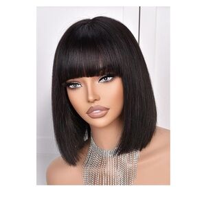 Human Hair Bob Wig w/ Bangs Black 10” Glueless Straight Lace Part